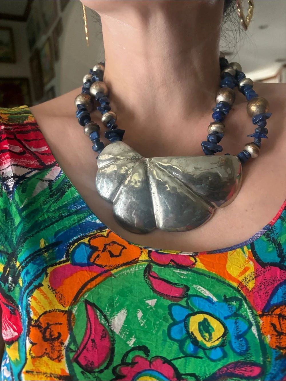 Chunky Silver Leaf Statement Necklace with Navy Beads